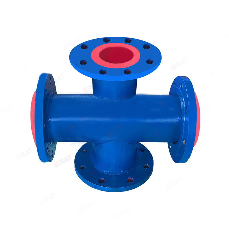 Rubber lined four-way pipe fittings